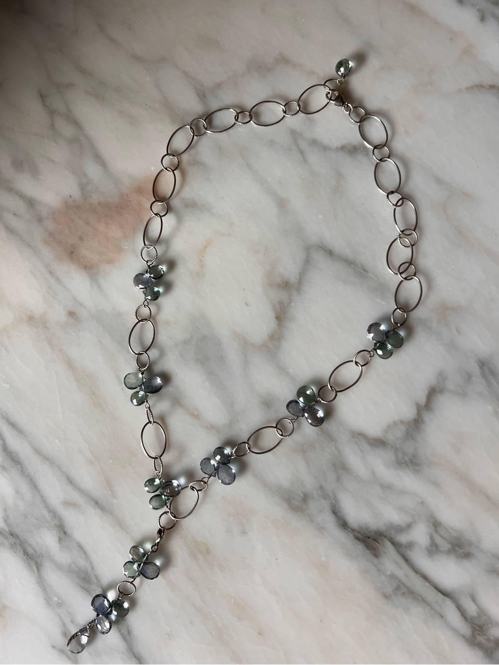 Silver Chain Necklace with Grey-Green Freshwater Pearl Clusters